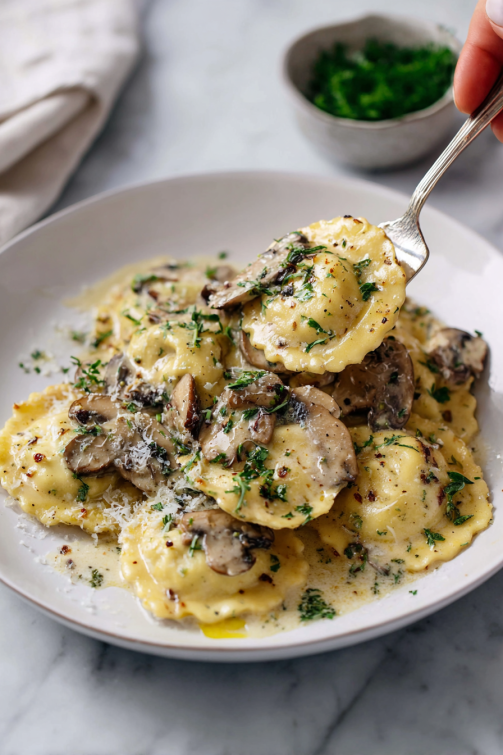 Mushroom Ravioli with Mushroom Cream Sauce